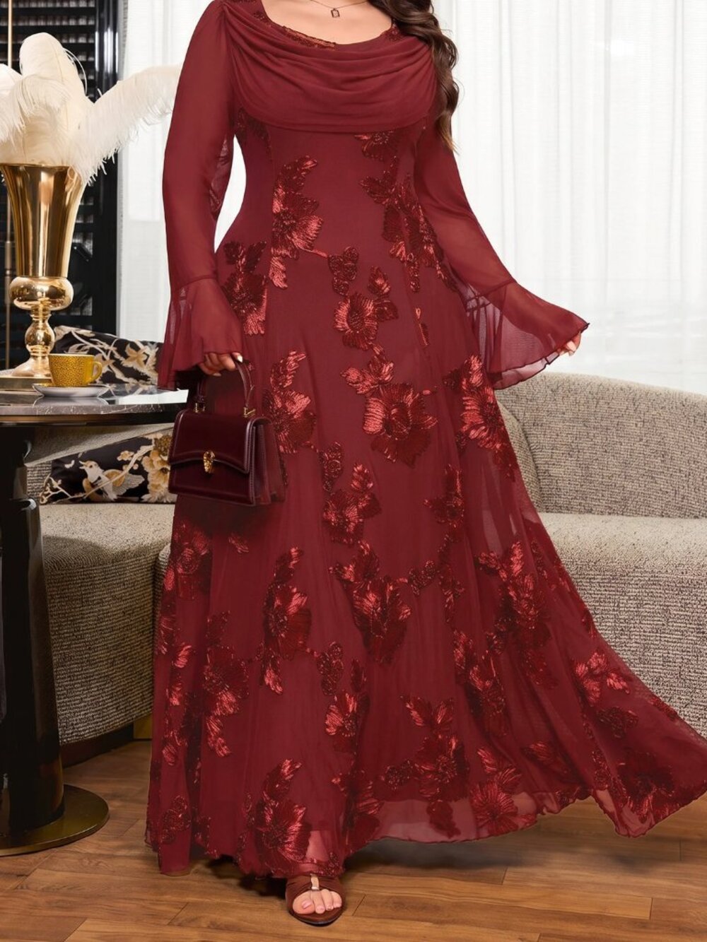Burgundy Elegant Women's Plus Size Jacquard Casual Party Dress - Picture 9 of 10